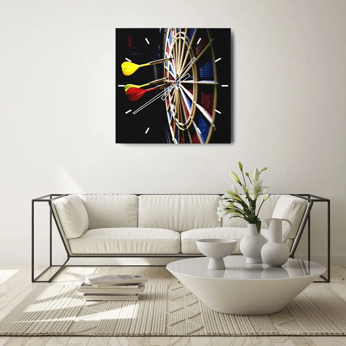 Orologio da parete - Orologio in Vetro - Un bersaglio con freccette colpite su uno sfondo nero - 30x30cm - Dritto al centro - Decorazione murale moderna per soggiorno e camera da letto ARTTOR