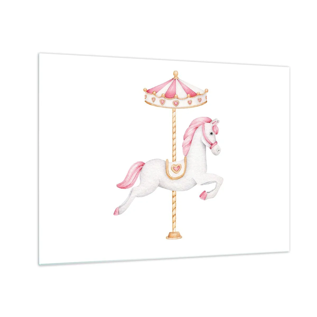 Quadro su vetro - Cavallo da giostra rosa e bianco su sfondo bianco - 70x50cm - Partito al galoppo. - Decorazione murale moderna per soggiorno e camera da letto ARTTOR