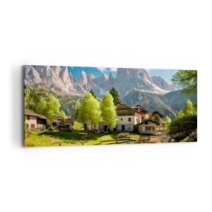 Quadro su tela - Stampe su Tela - Un villaggio di montagna con case e vista sulle Alpi - 120x50cm - Idillio alpino - Decorazione murale moderna per soggiorno e camera da letto ARTTOR