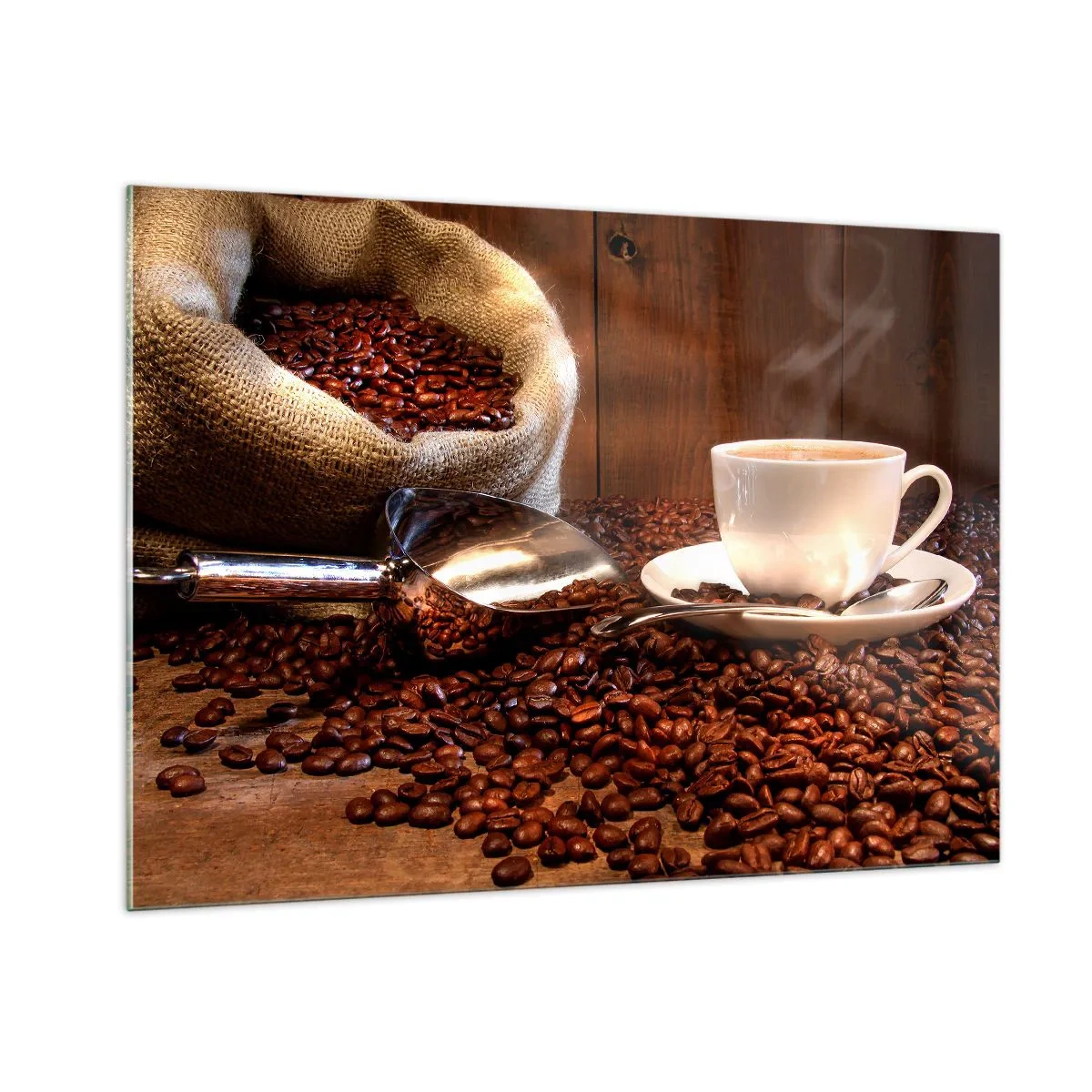 Quadro su vetro - Una tazza di caffè su uno sfondo di chicchi e un sacco di iuta - 100x70cm - Senti questo odore? - Decorazione murale moderna per soggiorno e camera da letto ARTTOR