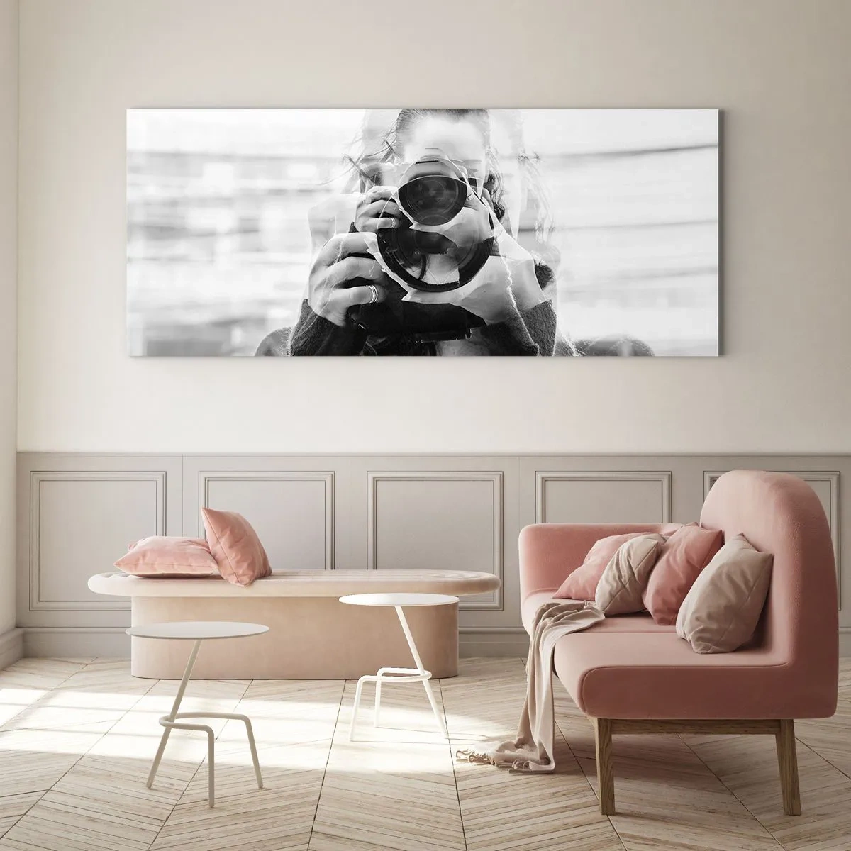 Quadro su vetro - Ritratto in bianco e nero con doppia esposizione di un fotografo - 160x50cm - Il creatore e il materiale - Decorazione murale moderna per soggiorno e camera da letto ARTTOR