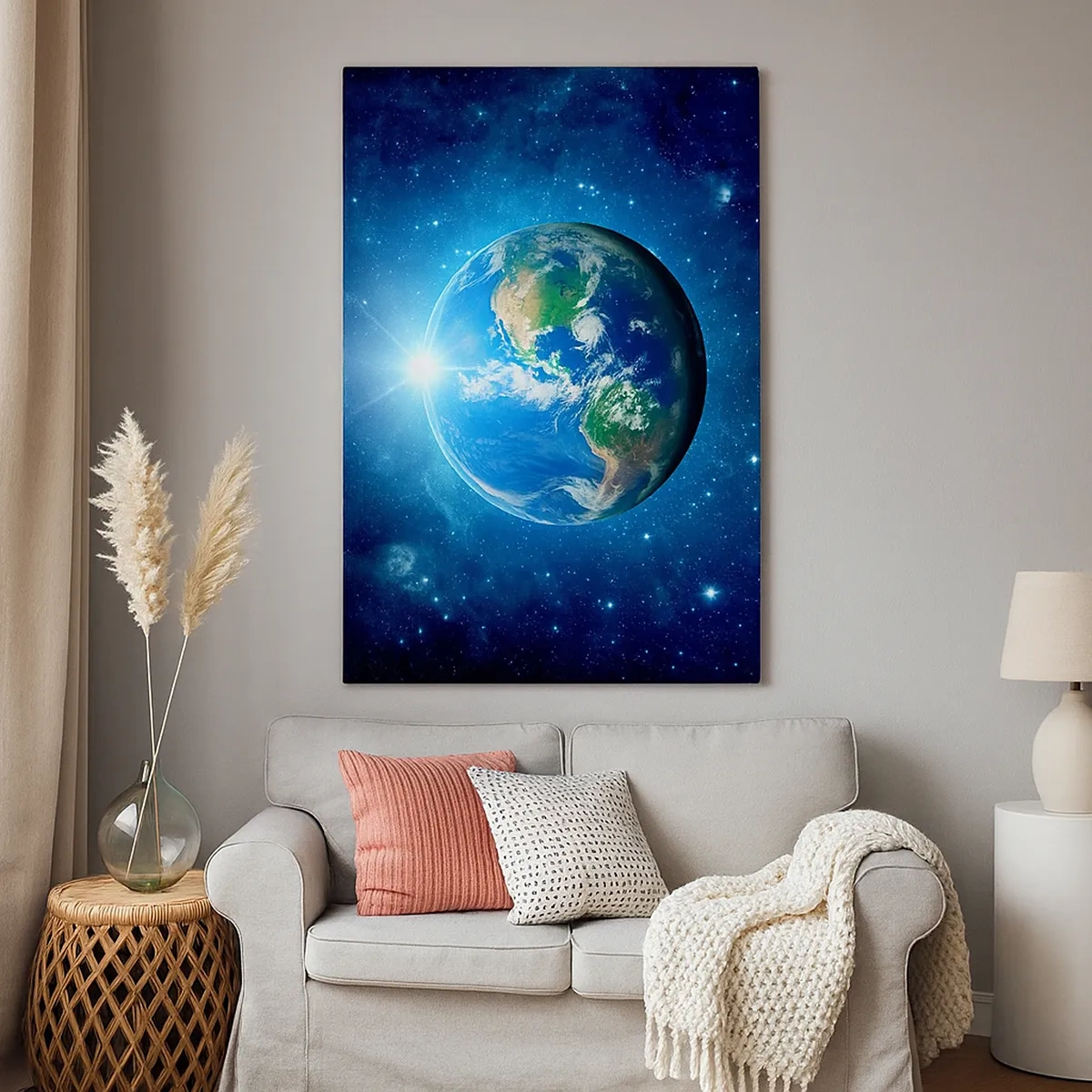 Quadro su tela - Stampe su Tela - La Terra nello spazio circondata da stelle e luce - 50x70cm - Siamo in cielo - Decorazione murale moderna per soggiorno e camera da letto ARTTOR