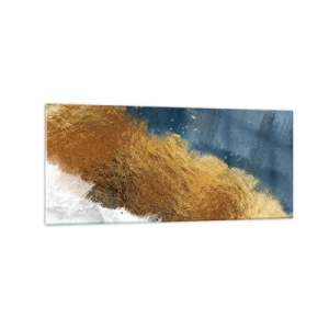 Quadro su vetro - Una composizione astratta nei toni dell'oro, del blu e del bianco. - 120x50cm - I colori dell'estate - Decorazione murale moderna per soggiorno e camera da letto ARTTOR