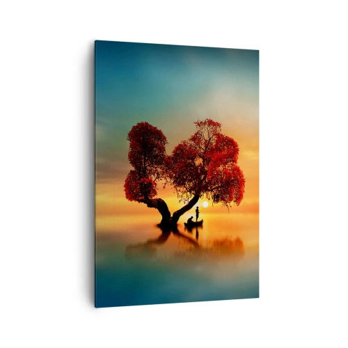 Quadro su tela - Stampe su Tela - Un albero dalle foglie rosse e una barca sull'acqua al tramonto - 70x100cm - Gli esiliati e il silenzio fuori dal mondo - Decorazione murale moderna per soggiorno e camera da letto ARTTOR