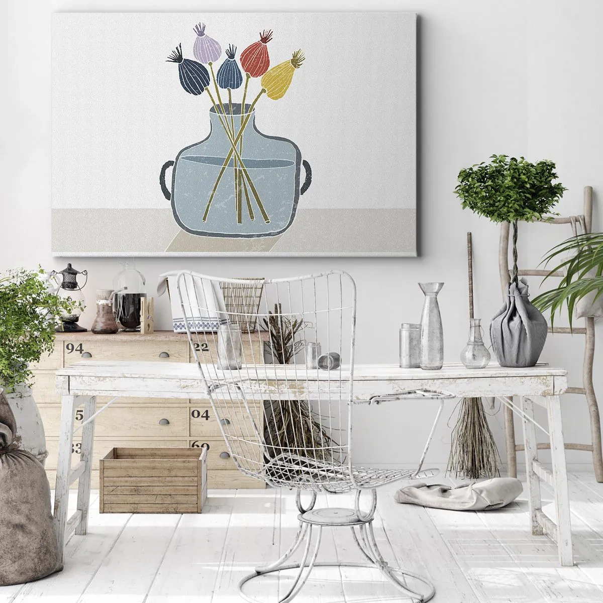 Quadro su tela - Stampe su Tela - Fiori secchi colorati in un vaso su uno sfondo bianco - 70x50cm - Il silenzio dei papaveri - Decorazione murale moderna per soggiorno e camera da letto ARTTOR
