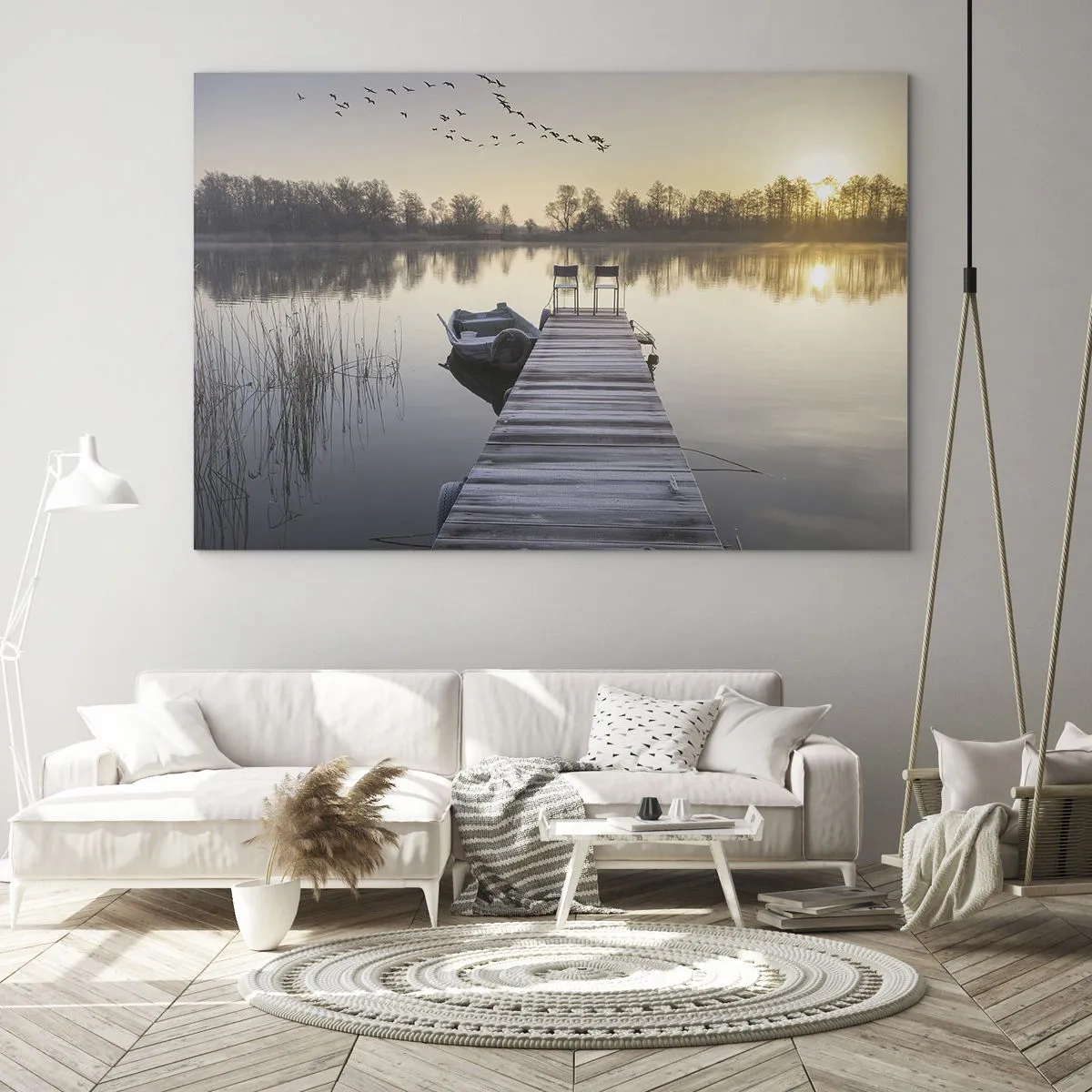 Quadro su vetro - Mattina al lago con molo - 70x50cm - Tornerò un giorno - Decorazione murale moderna per soggiorno e camera da letto ARTTOR
