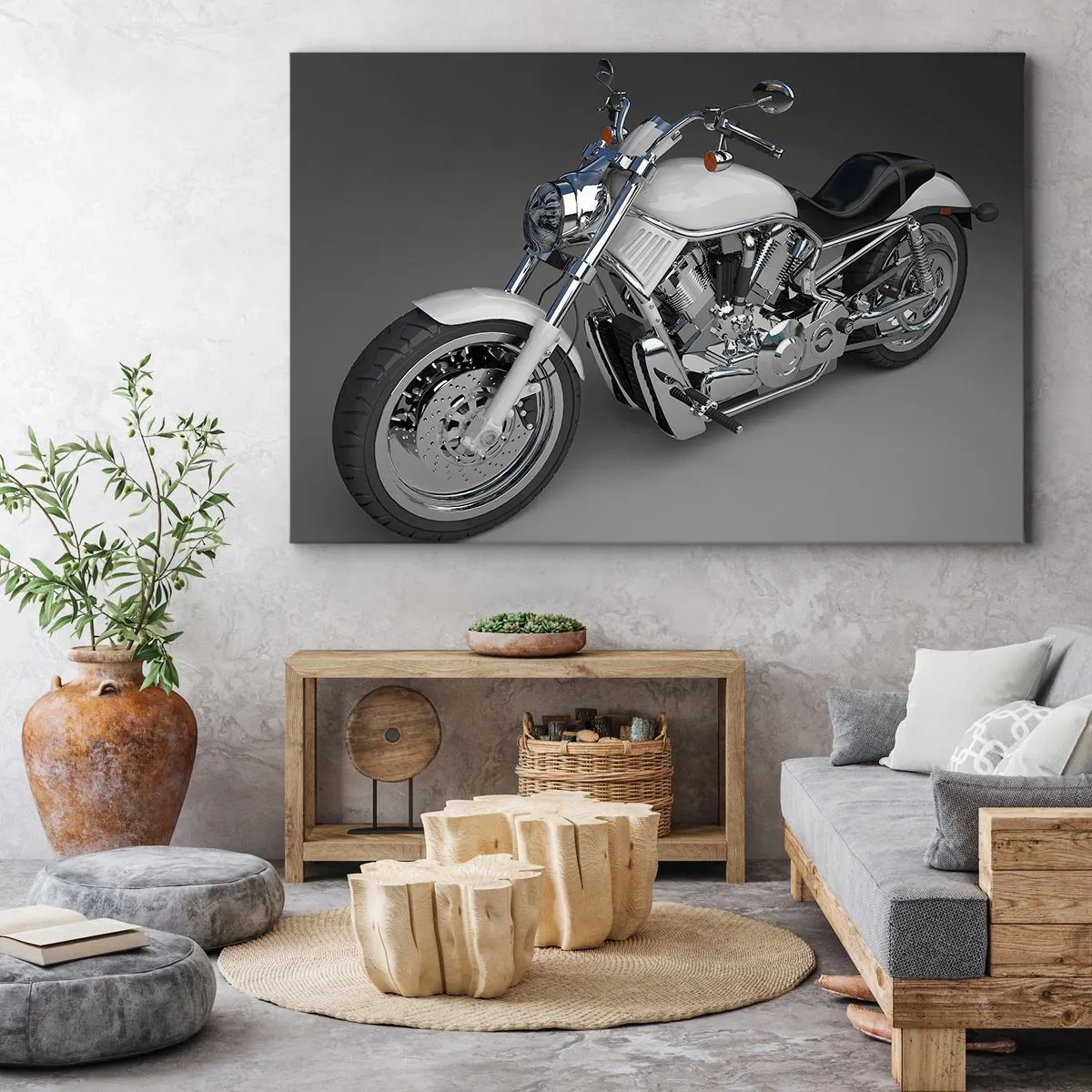 Quadro su tela - Stampe su Tela - Motocicletta cruiser bianca su sfondo grigio - 120x80cm - Viene voglia di inginocchiarsi - Decorazione murale moderna per soggiorno e camera da letto ARTTOR