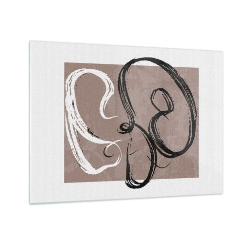 Quadro su vetro - Pennellate dinamiche in bianco e nero su sfondo beige. - 70x50cm - Composizione: alla ricerca della pienezza - Decorazione murale moderna per soggiorno e camera da letto ARTTOR