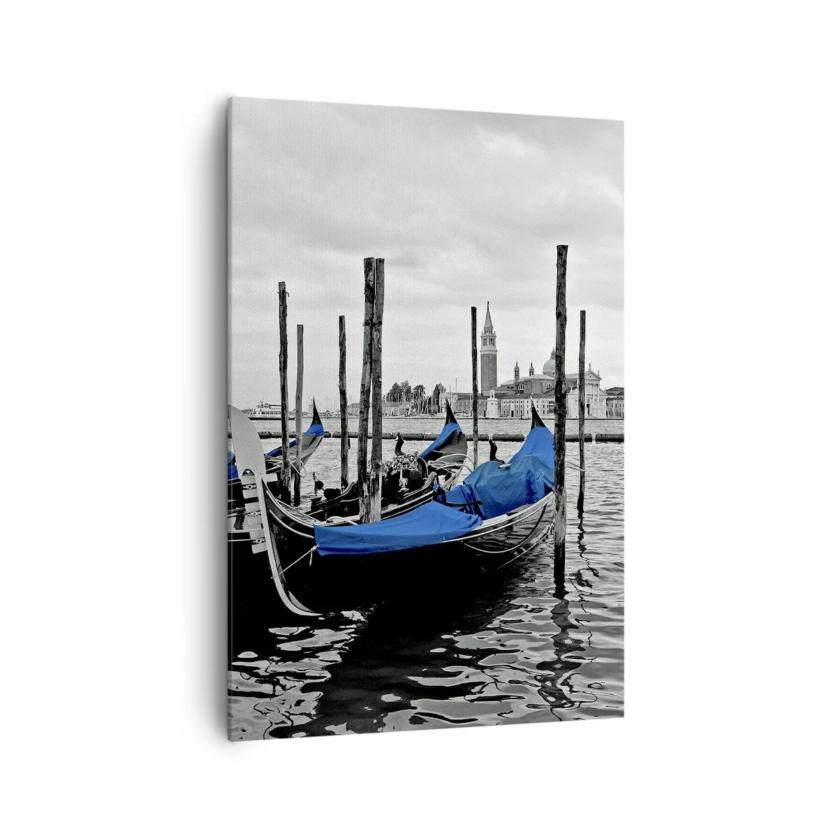 Quadro su tela - Stampe su Tela - Gondole a Venezia con coperture blu - 70x100cm - Venezia pensierosa - Decorazione murale moderna per soggiorno e camera da letto ARTTOR