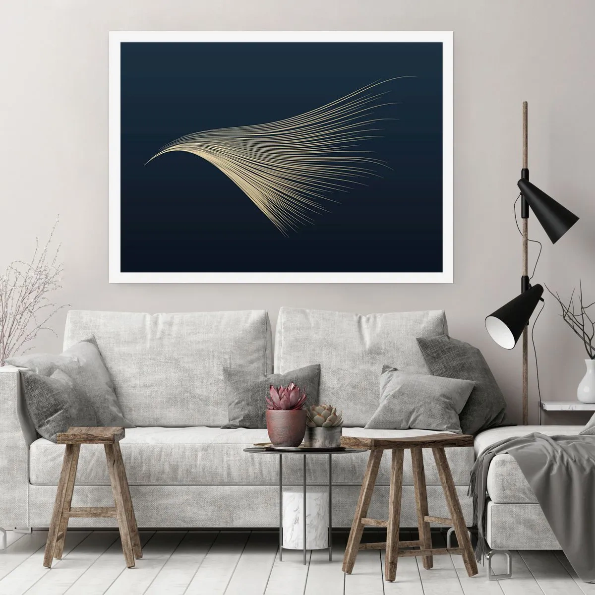 Poster - Una delicata linea simile a una piuma su uno sfondo blu navy - 100x70cm - Come un capello d'angelo - Decorazione murale moderna per soggiorno e camera da letto ARTTOR