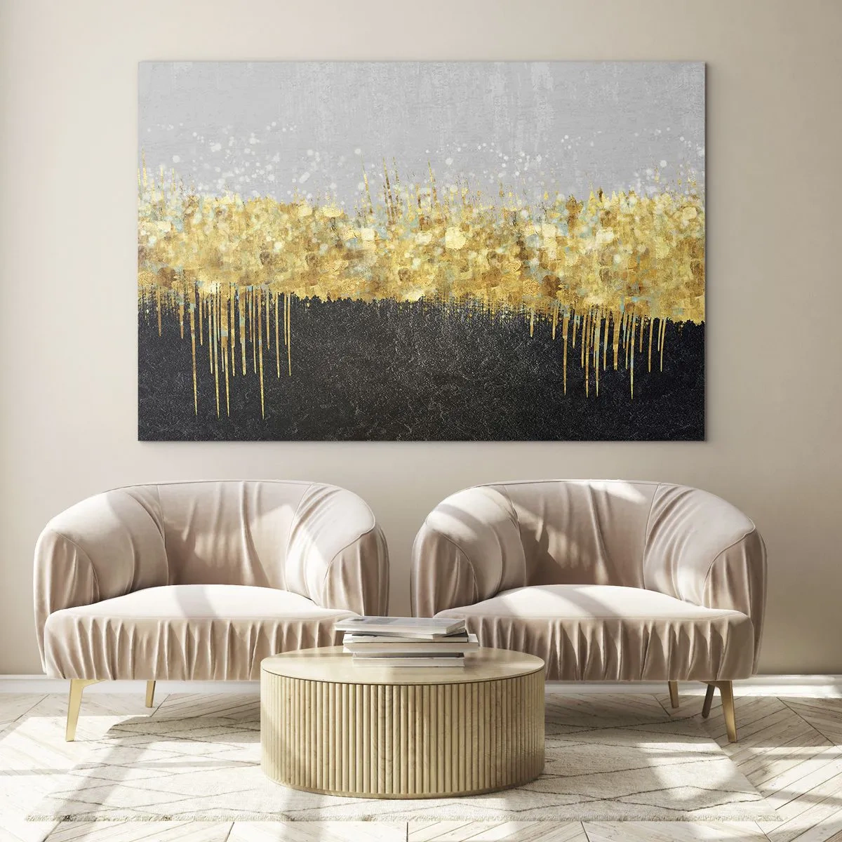 Quadro su vetro - Astrazione dorata con contrasto nero e grigio - 70x50cm - Nel profondo e verso l'alto - Decorazione murale moderna per soggiorno e camera da letto ARTTOR