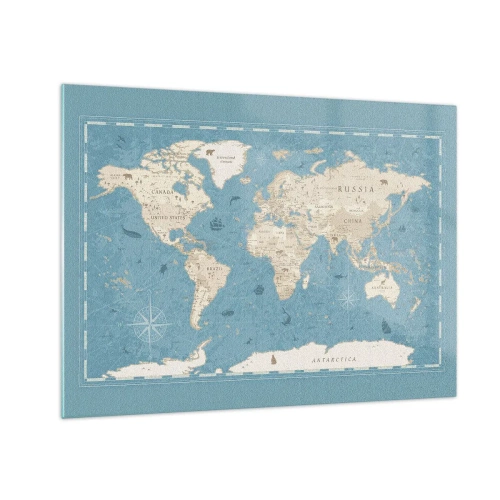 Quadro su vetro - Mappa del mondo stilizzata su sfondo blu - 70x50cm - Il mondo a portata di mano - Decorazione murale moderna per soggiorno e camera da letto ARTTOR