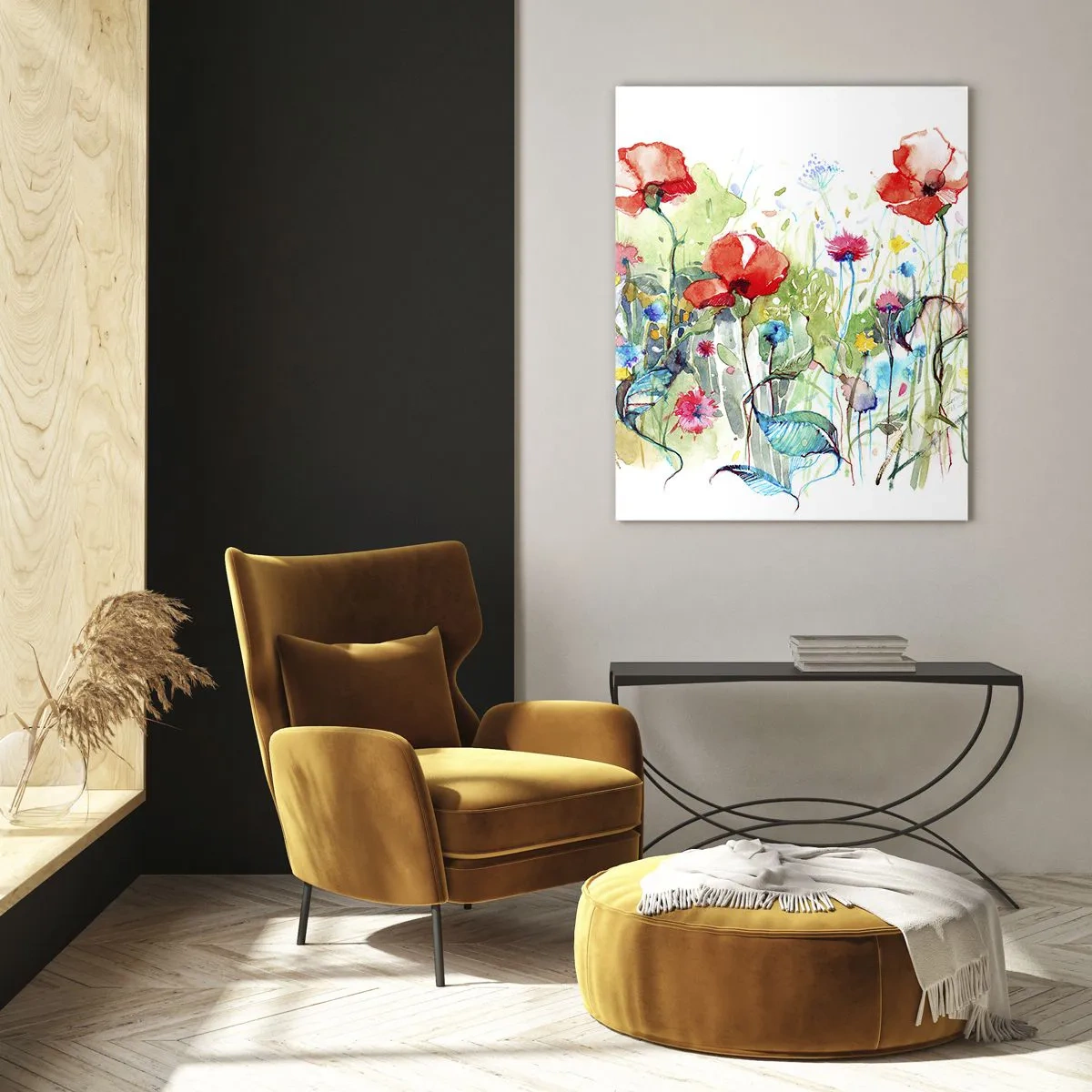 Quadro su vetro - Papaveri colorati e fiori di campo in stile acquerello - 50x70cm - Il prato fiorito a maggio - Decorazione murale moderna per soggiorno e camera da letto ARTTOR