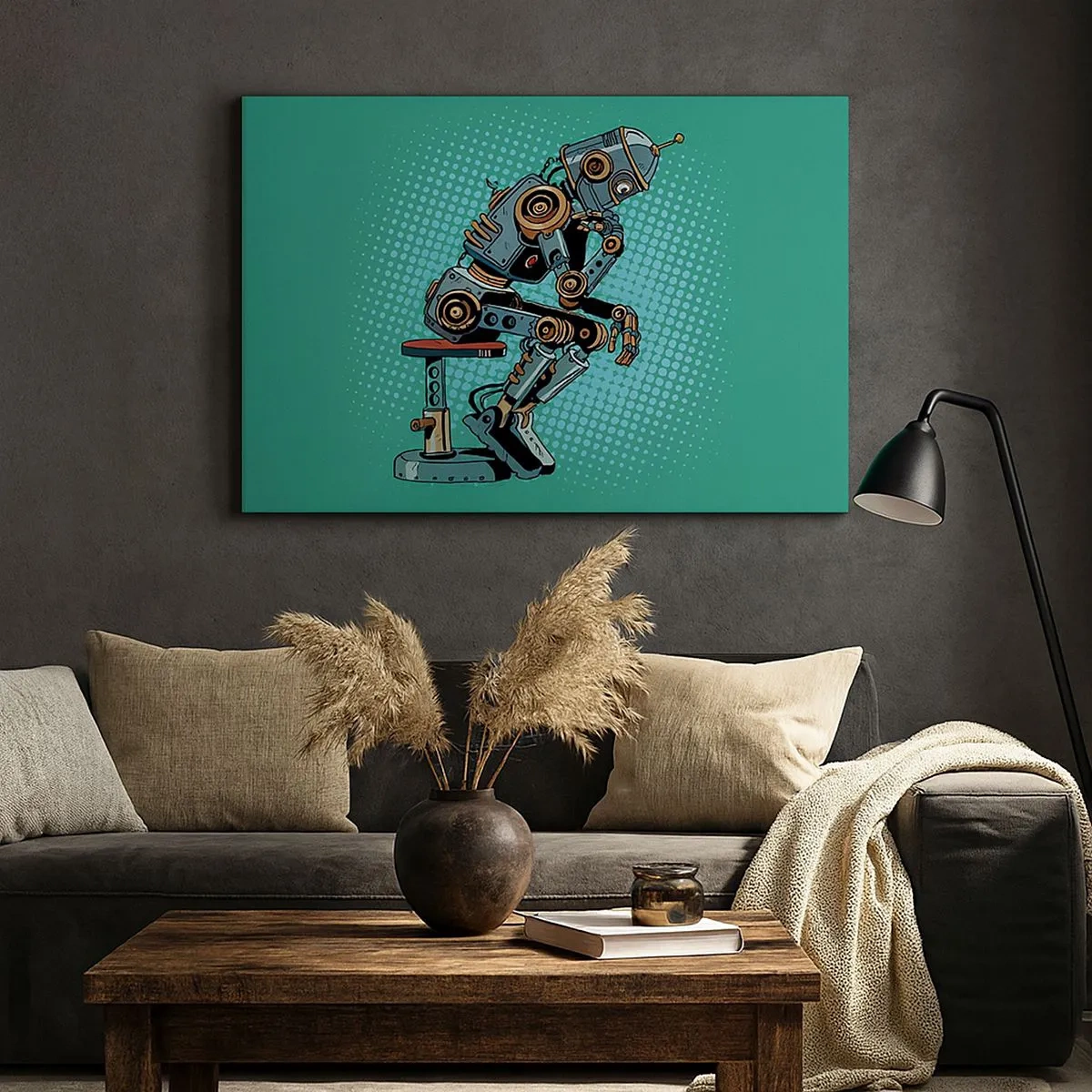 Quadro su tela - Stampe su Tela - Robot pensatore in stile pop art su sfondo verde - 70x50cm - Sull'essenza dell'essere - Decorazione murale moderna per soggiorno e camera da letto ARTTOR