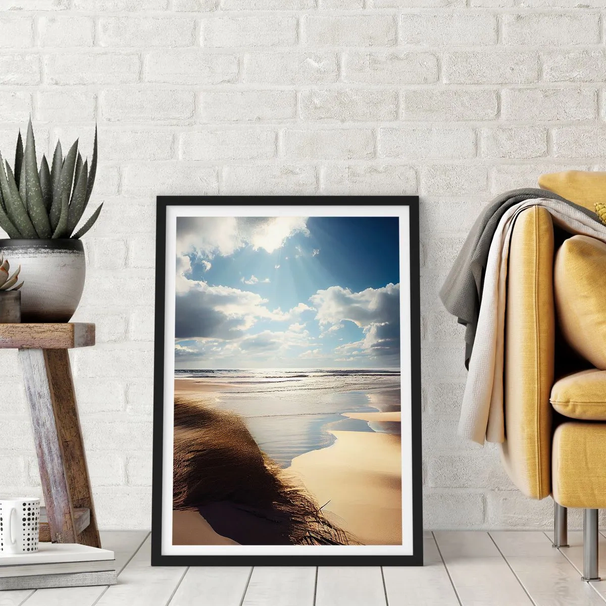 Poster in cornice nera - Spiaggia al tramonto con onde e nuvole - 50x70cm - Spiaggia incontaminata - Decorazione murale moderna per soggiorno e camera da letto ARTTOR