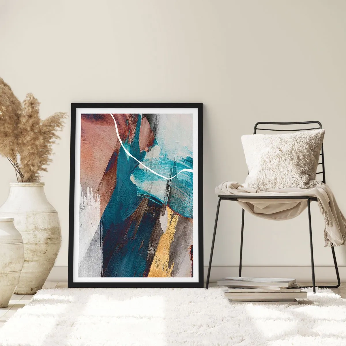 Poster in cornice nera - Astrazione espressiva nei toni del blu e dell'oro - 50x70cm - Con forza ed energia - Decorazione murale moderna per soggiorno e camera da letto ARTTOR