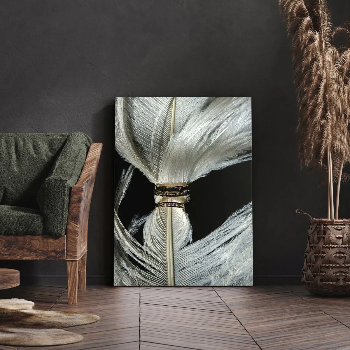 Quadro su tela - Stampe su Tela - Una piuma bianca con due anelli d'oro su uno sfondo nero - 50x70cm - ...e non ti lascerò... - Decorazione murale moderna per soggiorno e camera da letto ARTTOR