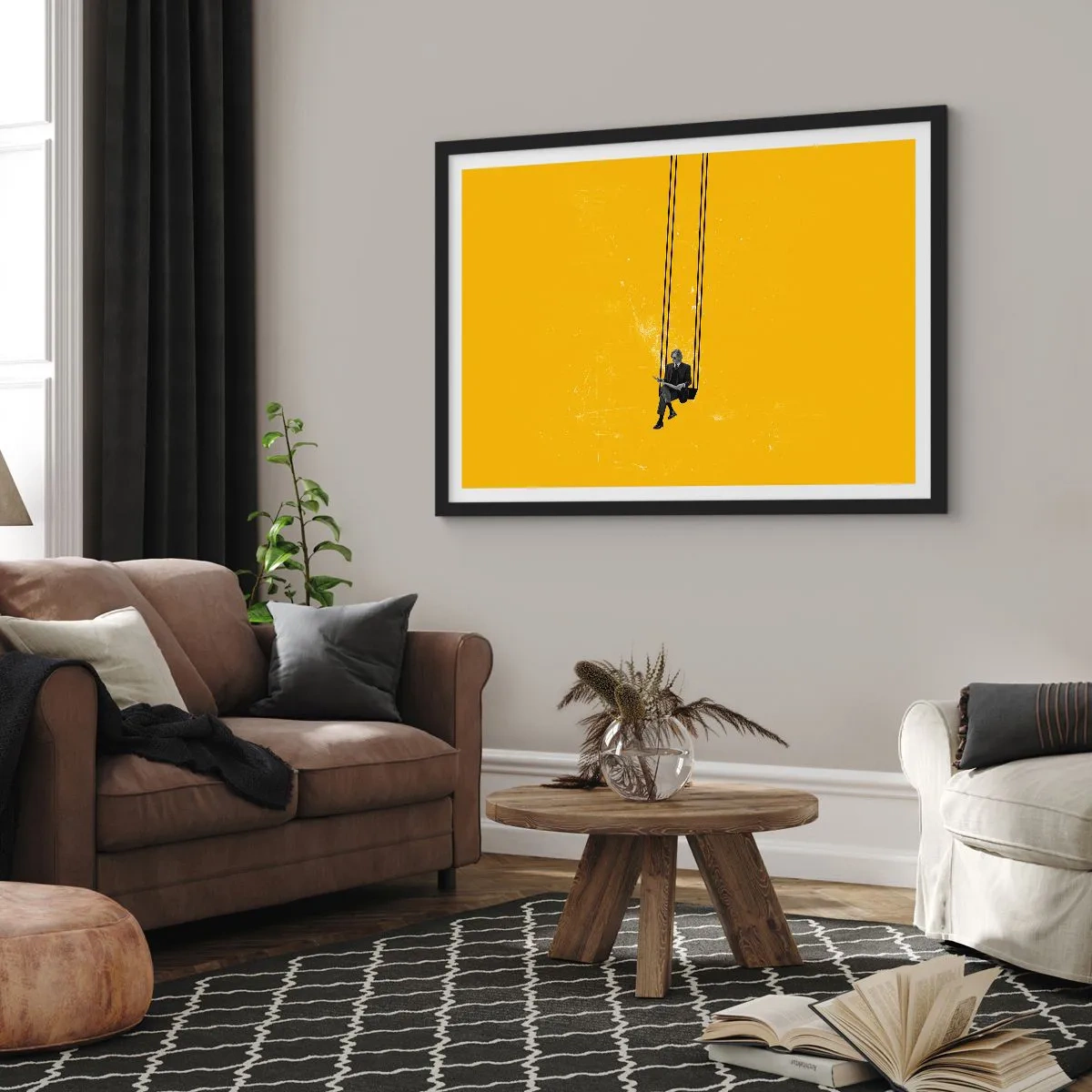 Poster in cornice nera - Una persona su un'altalena su uno sfondo di un giallo intenso - 70x50cm - Un giorno come tanti - Decorazione murale moderna per soggiorno e camera da letto ARTTOR
