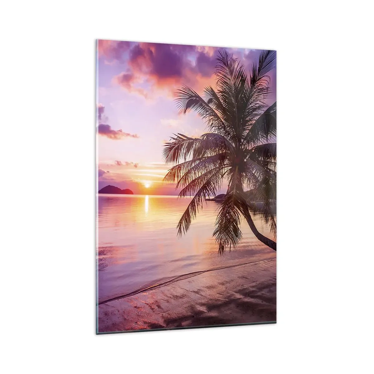Quadro su vetro - Spiaggia tropicale con palme al tramonto - 80x120cm - Beatitudine a perdita d'occhio - Decorazione murale moderna per soggiorno e camera da letto ARTTOR
