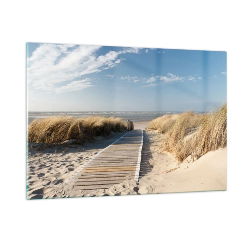 Quadro su vetro - Sentiero in legno attraverso le dune che conduce alla spiaggia - 120x80cm - Dopo la duna, nel fruscio dell'erba - Decorazione murale moderna per soggiorno e camera da letto ARTTOR