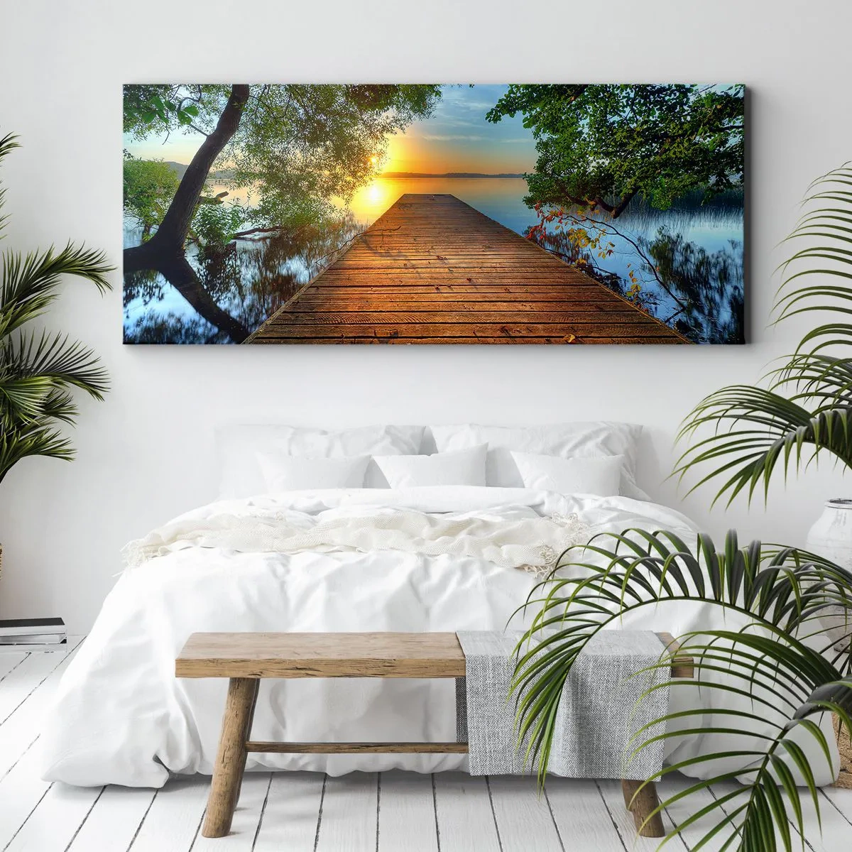 Quadro su tela - Stampe su Tela - Un molo di legno circondato dal verde durante il tramonto - 160x50cm - Non avere fretta, siediti - Decorazione murale moderna per soggiorno e camera da letto ARTTOR