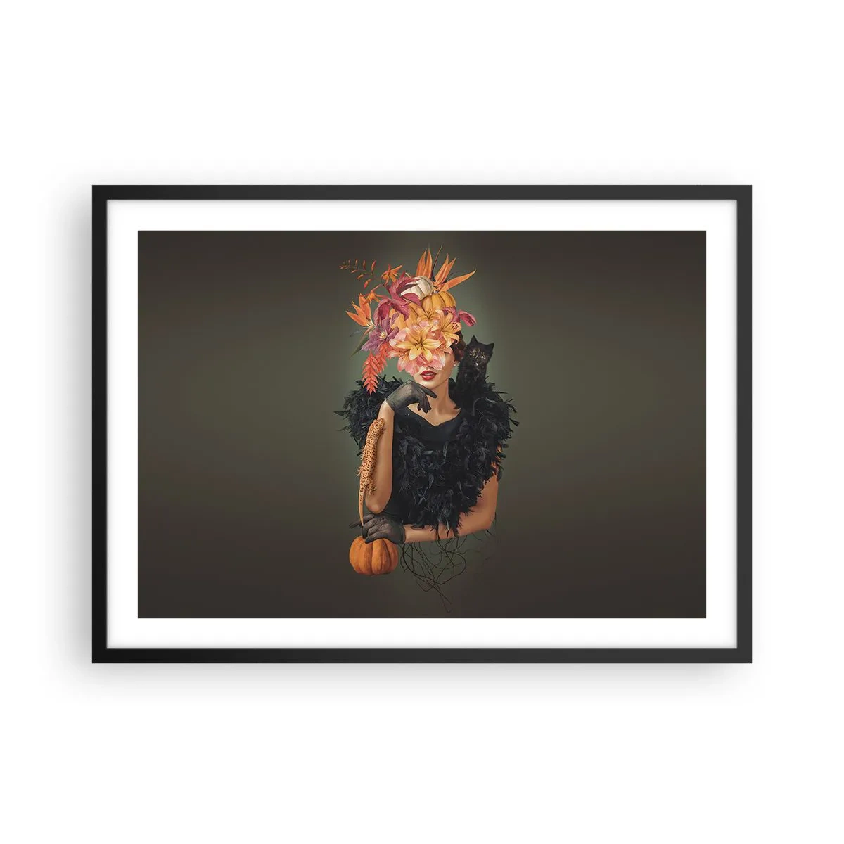 Poster in cornice nera - Ritratto di donna con motivi autunnali e un gatto - 70x50cm - L'incantesimo della strega - Decorazione murale moderna per soggiorno e camera da letto ARTTOR