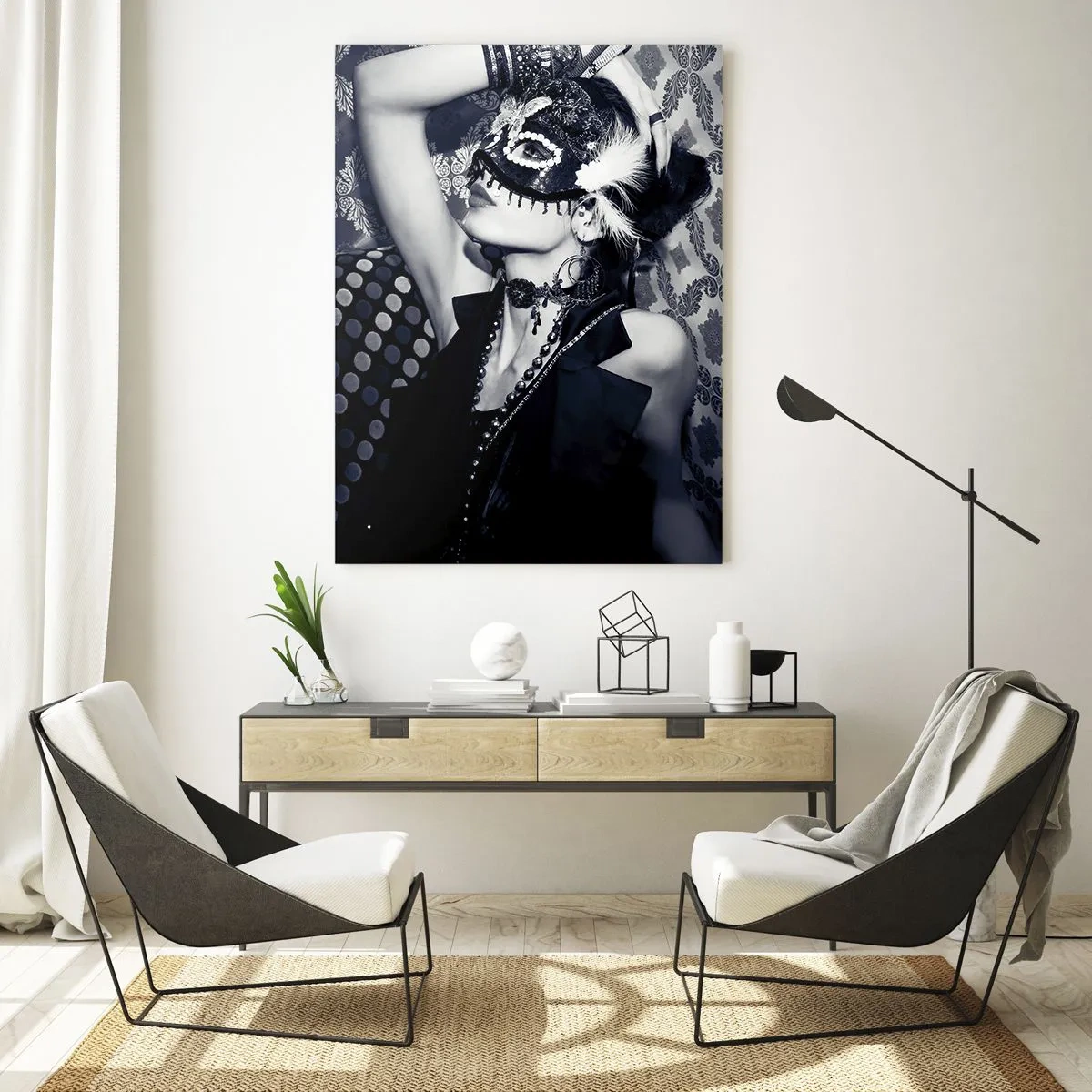 Quadro su vetro - Una donna con una maschera veneziana su uno sfondo di motivi ornamentali. - 70x100cm - Decorazioni, ornamenti, modelli... - Decorazione murale moderna per soggiorno e camera da letto ARTTOR