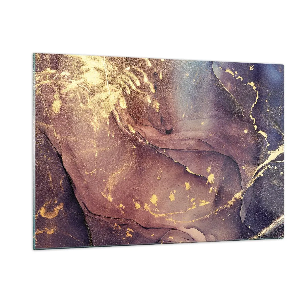 Quadro su vetro - Una composizione astratta con macchie e struttura viola e oro. - 120x80cm - Materia e spirito - Decorazione murale moderna per soggiorno e camera da letto ARTTOR