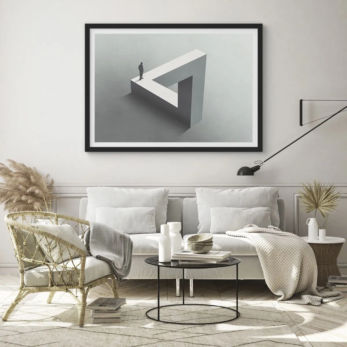 Poster in cornice nera - Una figura in piedi su un triangolo di Penrose in tonalità di grigio. - 70x50cm - Eppure è possibile - Decorazione murale moderna per soggiorno e camera da letto ARTTOR