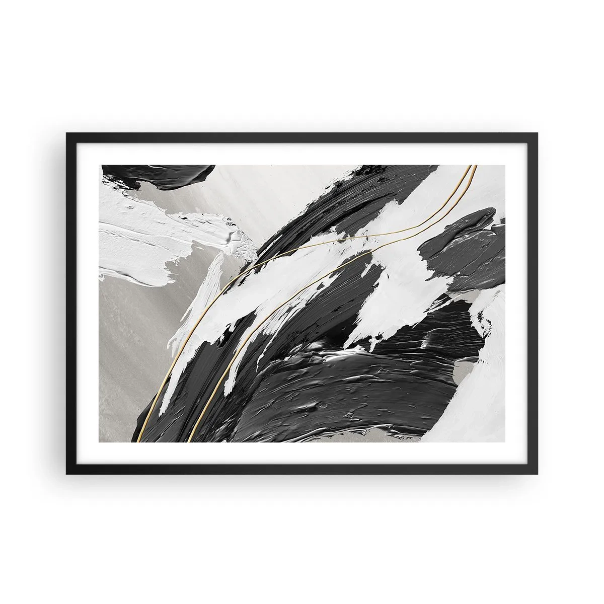 Poster in cornice nera - Pennellate di vernice bianca e nera con un sottile accento dorato - 70x50cm - Astrazione con sfarzo - Decorazione murale moderna per soggiorno e camera da letto ARTTOR