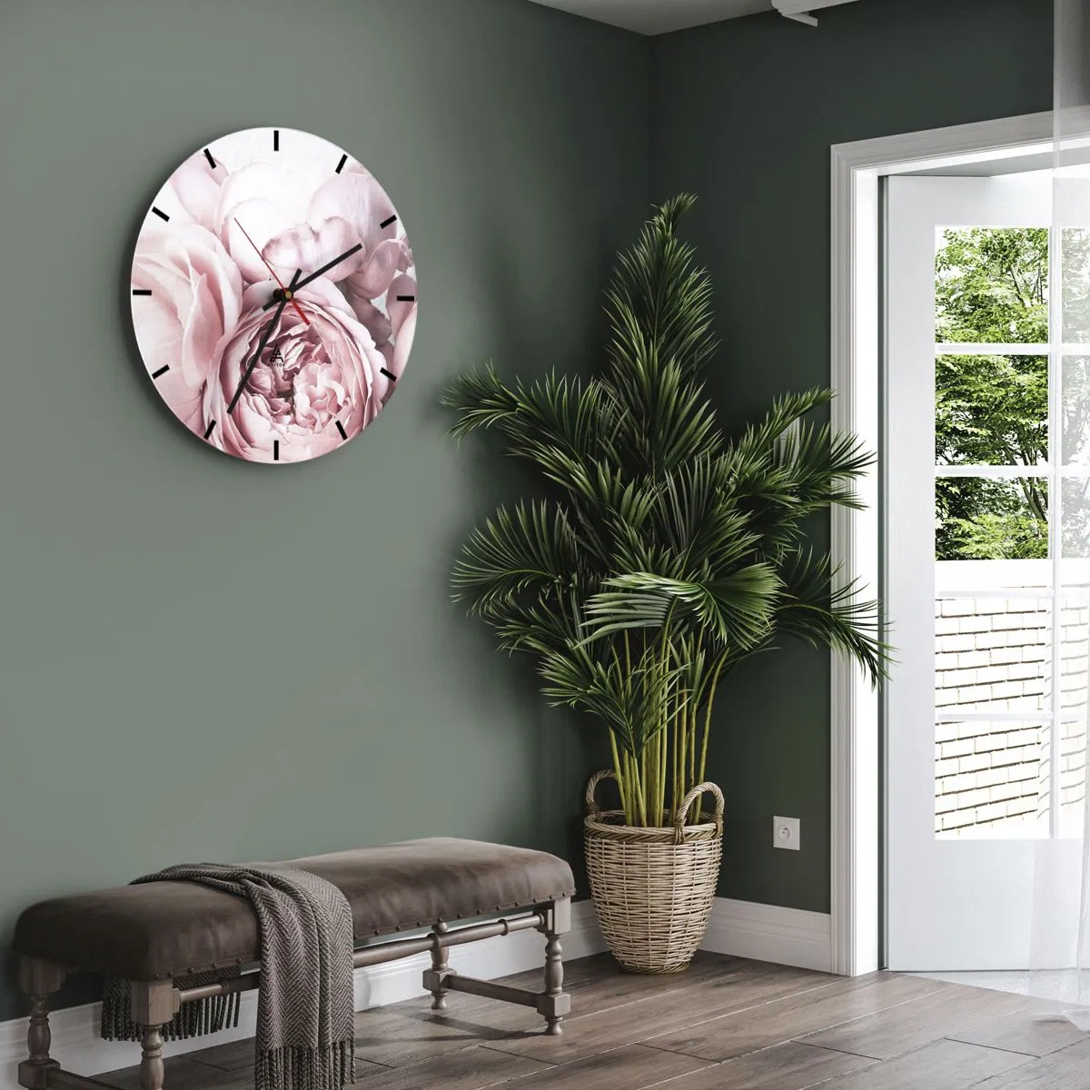 Orologio da parete - Orologio in Vetro - Delicate peonie rosa in primo piano - 30x30cm - Per i romantici - Decorazione murale moderna per soggiorno, cucina e camera da letto ARTTOR