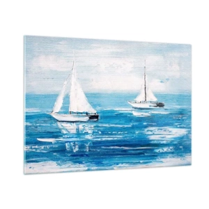 Quadro su vetro - Due barche a vela bianche su un mare blu calmo - 100x70cm - Con un amico al fianco - Decorazione murale moderna per soggiorno e camera da letto ARTTOR