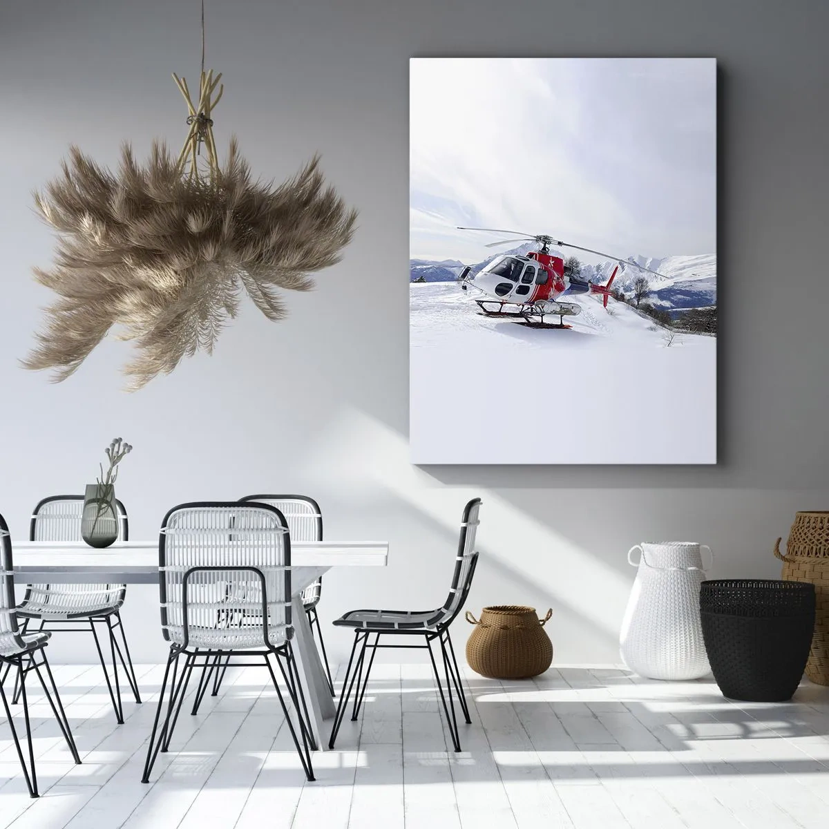 Quadro su tela - Stampe su Tela - Un elicottero rosso sullo sfondo di un paesaggio montano innevato. - 50x70cm - Sempre pronto - Decorazione murale moderna per soggiorno e camera da letto ARTTOR