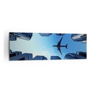 Quadro su tela - Stampe su Tela - Un aereo che sorvola i moderni grattacieli del centro città. - 160x50cm - Panorama dal canyon di vetro - Decorazione murale moderna per soggiorno e camera da letto ARTTOR