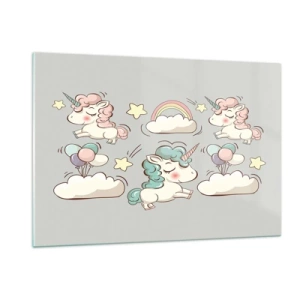 Quadro su vetro - Simpatici unicorni tra le nuvole con arcobaleno e palloncini - 120x80cm - Sicuramente esistono… - Decorazione murale moderna per soggiorno e camera da letto ARTTOR