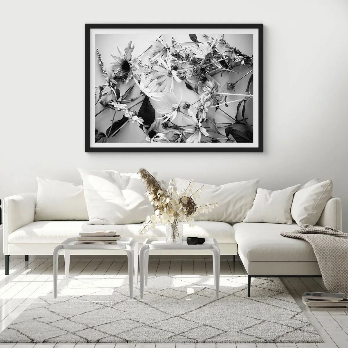 Poster in cornice nera - Composizioni floreali in bianco e nero in uno stile artistico sottile - 70x50cm - Un non bouquet di fiori - Decorazione murale moderna per soggiorno e camera da letto ARTTOR