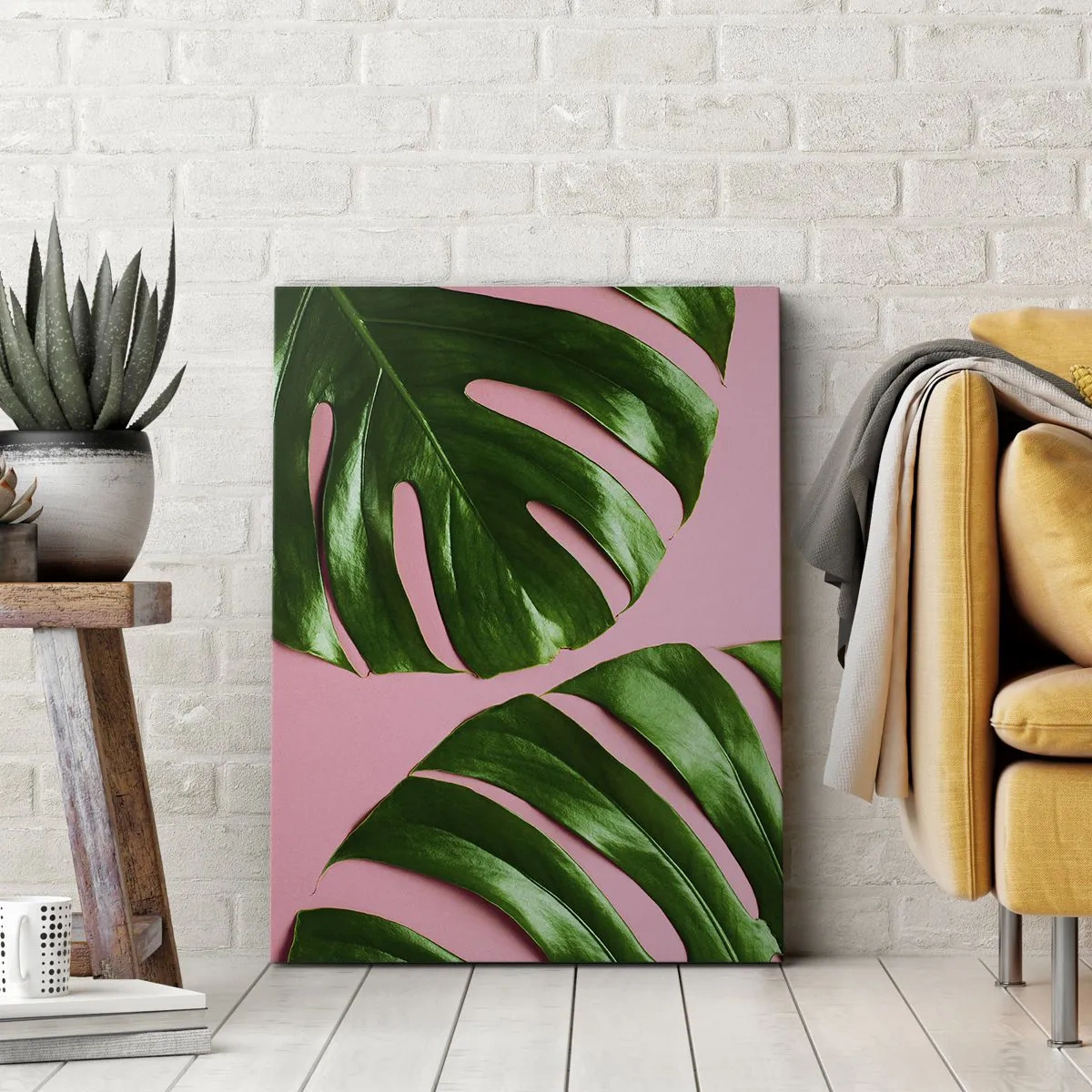 Quadro su tela - Stampe su Tela - Foglie di monstera verdi su sfondo rosa - 50x70cm - Appuntamento in verde - Decorazione murale moderna per soggiorno e camera da letto ARTTOR