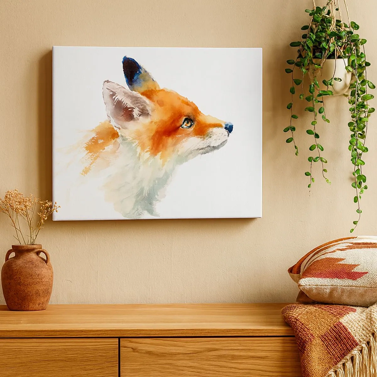 Quadro su tela - Stampe su Tela - Volpe rossa in stile acquerello su sfondo bianco - 70x50cm - La prudenza non è mai troppa - Decorazione murale moderna per soggiorno e camera da letto ARTTOR