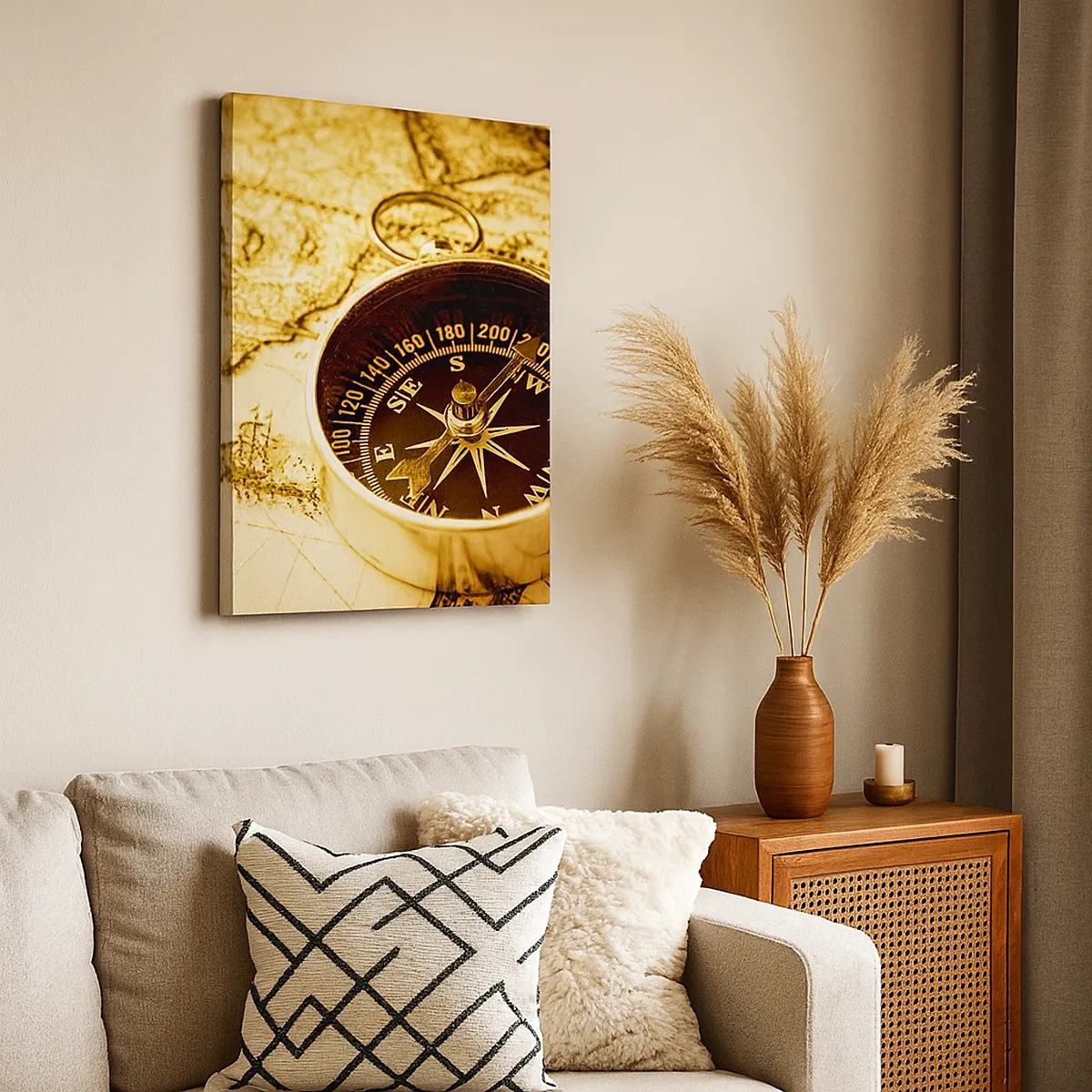 Quadro su tela - Stampe su Tela - Una bussola antica sullo sfondo di una vecchia mappa del mondo - 50x70cm - A est o a ovest? - Decorazione murale moderna per soggiorno e camera da letto ARTTOR