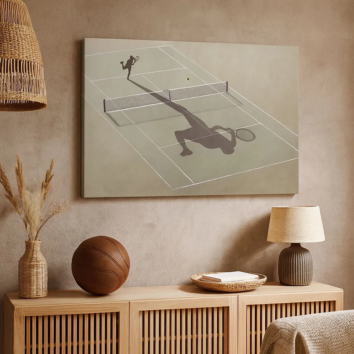 Quadro su tela - Stampe su Tela - L'ombra di un tennista sul campo durante una partita di tennis - 70x50cm - Sconfiggere se stesso - Decorazione murale moderna per soggiorno e camera da letto ARTTOR