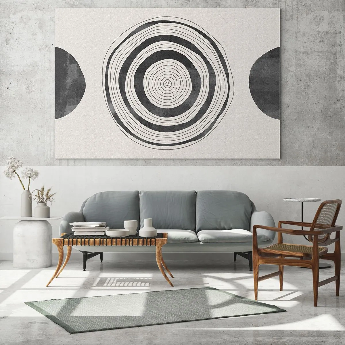 Quadro su vetro - Motivo astratto in bianco e nero con cerchi concentrici - 70x50cm - Conta ciò che sta in mezzo - Decorazione murale moderna per soggiorno e camera da letto ARTTOR