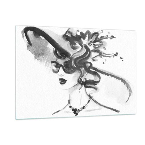 Quadro su vetro - Ritratto in bianco e nero di una donna che indossa un cappello - 120x80cm - Donna di carattere - Decorazione murale moderna per soggiorno e camera da letto ARTTOR