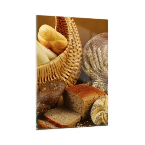 Quadro su vetro - Un cesto di pane e pagnotte sullo sfondo di spighe di grano - 50x70cm - Direttamente dal forno - Decorazione murale moderna per soggiorno e camera da letto ARTTOR