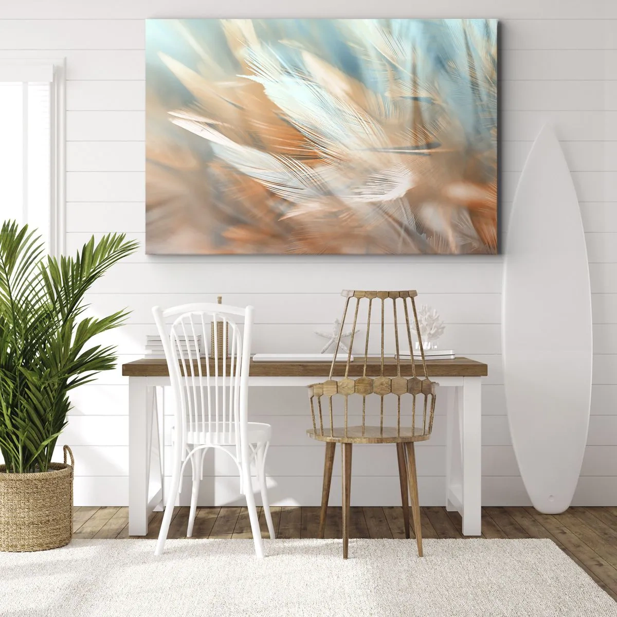 Quadro su tela - Stampe su Tela - Delicate piume nei toni pastello del blu e dell'arancione - 120x80cm - Nel paese della mitezza - Decorazione murale moderna per soggiorno e camera da letto ARTTOR