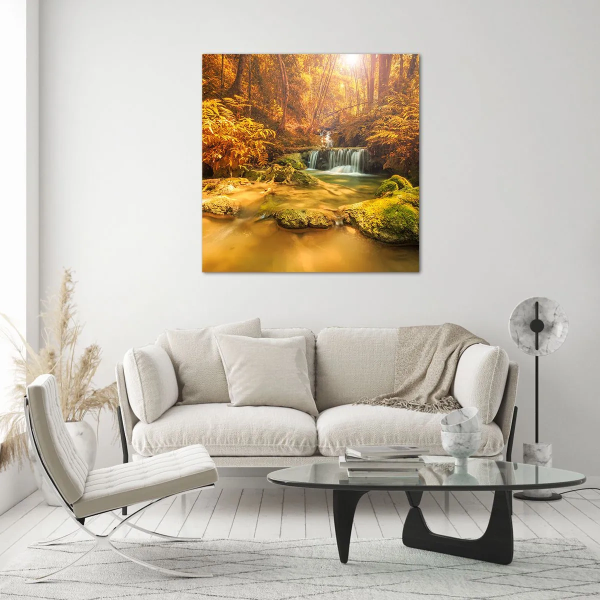 Quadro su vetro - Cascata boschiva in oro - 40x40 cm