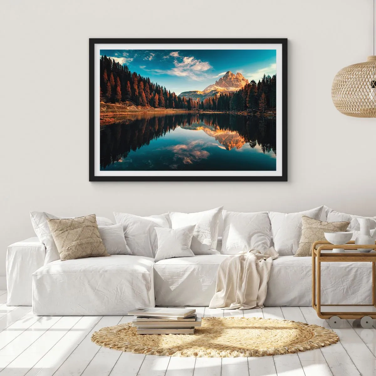Poster in cornice nera - Paesaggio montano con lago e foresta - 100x70cm - Paesaggio doppio - Decorazione murale moderna per soggiorno e camera da letto ARTTOR
