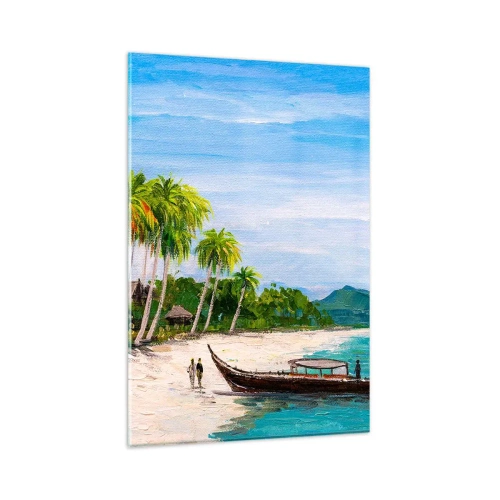 Quadro su vetro - Una spiaggia esotica con palme e una barca sulla riva - 80x120cm - Sogno esotico - Decorazione murale moderna per soggiorno e camera da letto ARTTOR