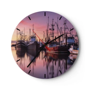 Orologio da parete - Orologio in Vetro - Barche da pesca ormeggiate nel porto al tramonto - 30x30cm - Prima del giorno successivo - Decorazione murale moderna per soggiorno, cucina e camera da letto ARTTOR