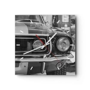 Orologio da parete - Orologio in Vetro - Cofano di un'auto classica in bianco e nero - 30x30cm - A rotta di collo - Decorazione murale moderna per soggiorno e camera da letto ARTTOR