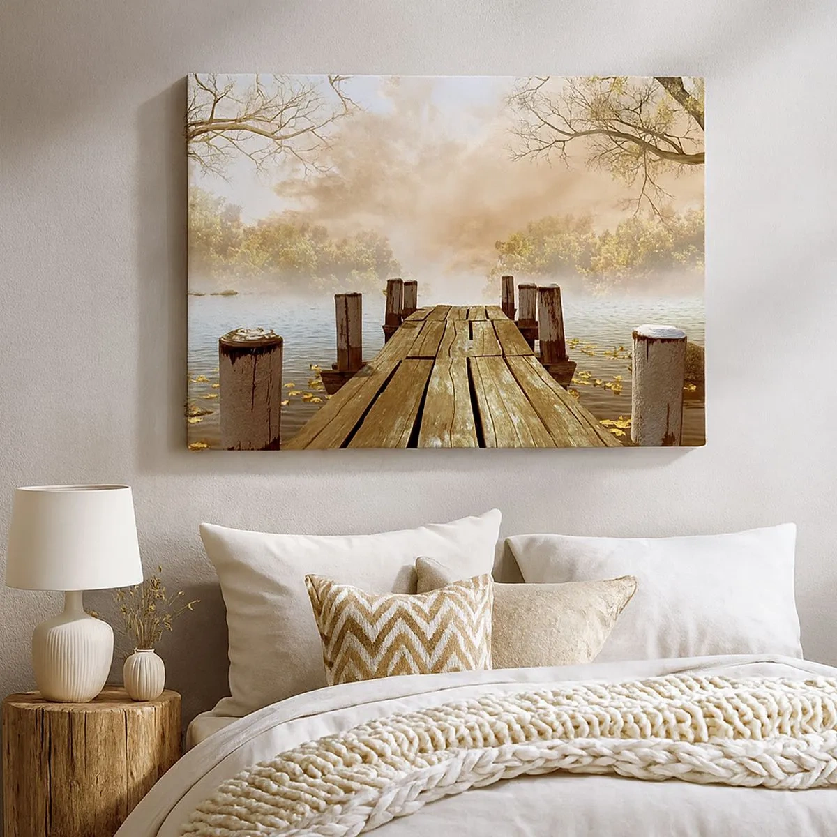 Quadro su tela - Stampe su Tela - Un molo di legno che conduce a un lago calmo nella nebbia mattutina - 70x50cm - La mite melanconia autunnale - Decorazione murale moderna per soggiorno e camera da letto ARTTOR